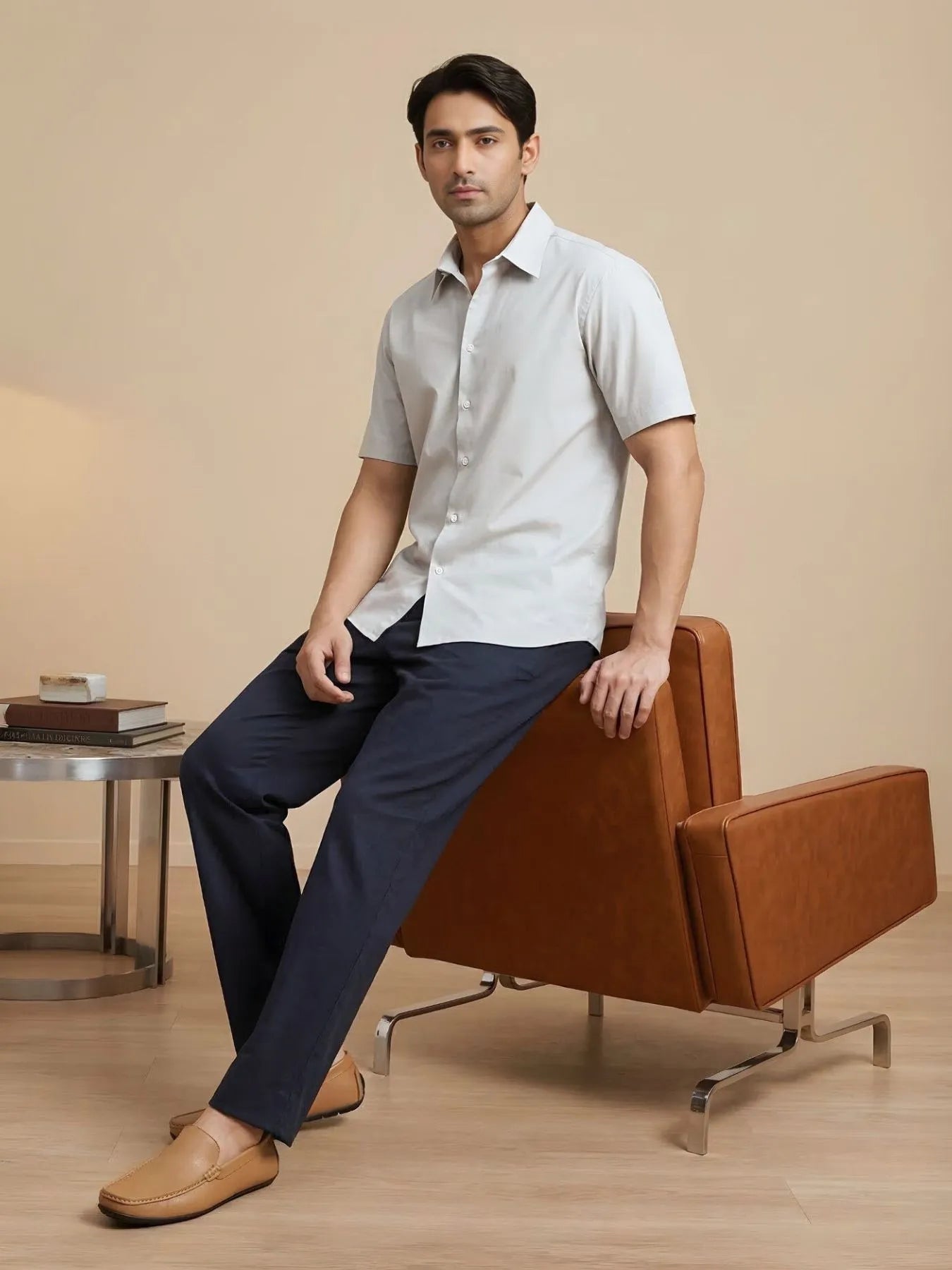 Men Light Grey Better Cotton Short Sleeve Shirt & Navy Blue Cotton Pant