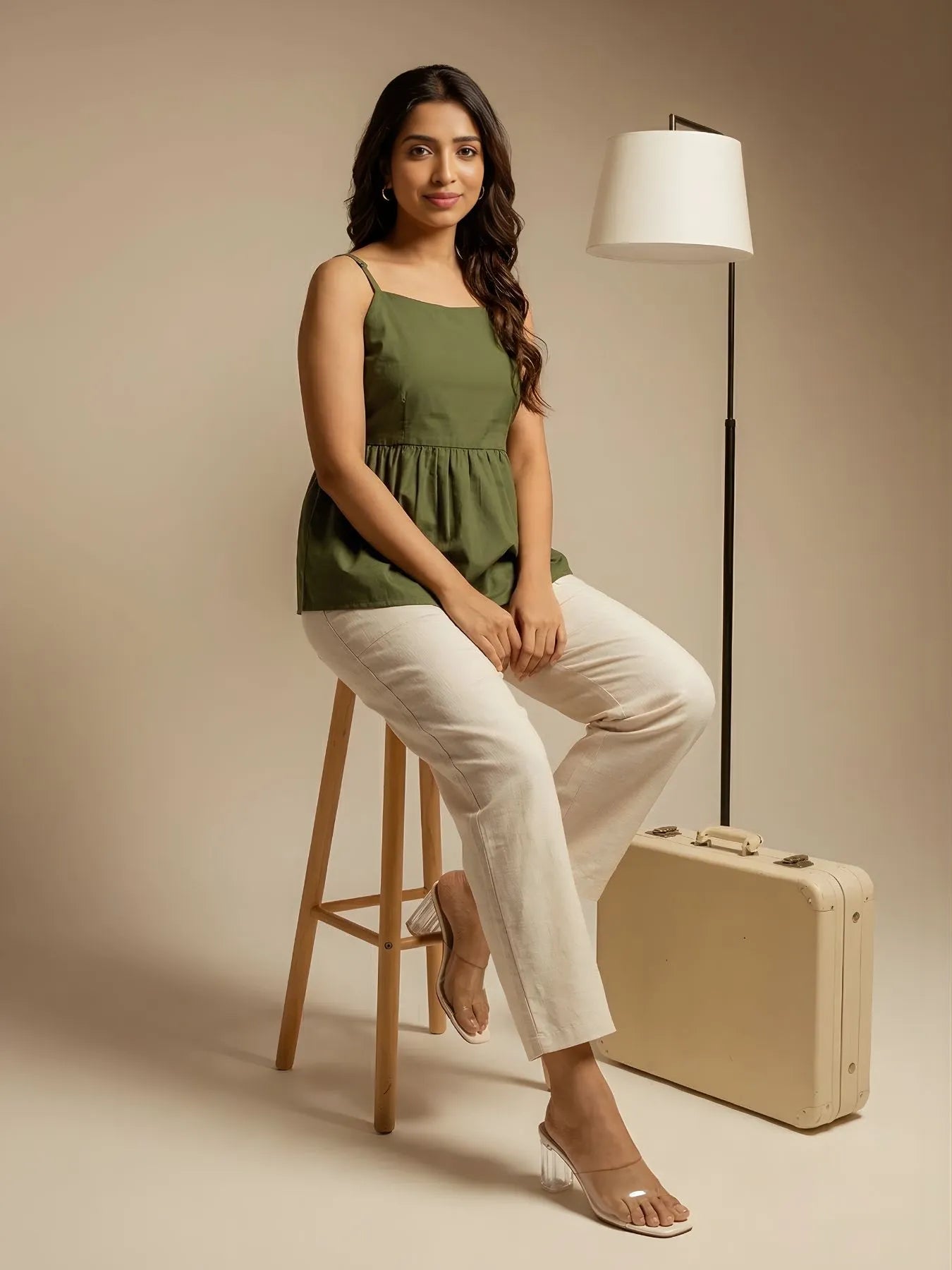 Women Forest Green Better Cotton Peplum Top & Ecru Airy Linen Straight Pant