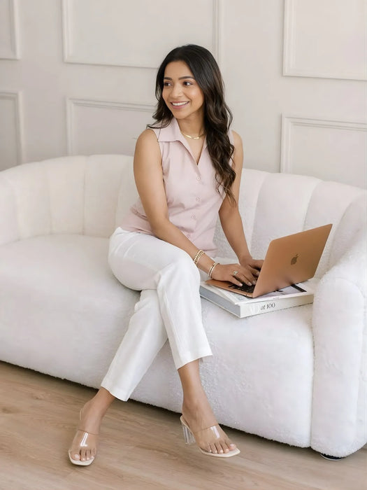 Women Mauve Pink Better Cotton Sleeveless Shirt & White Airy Linen Straight Pant