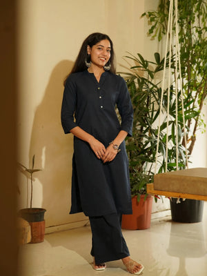 Navy Blue Airy Linen Long Kurta Co-ord Set
