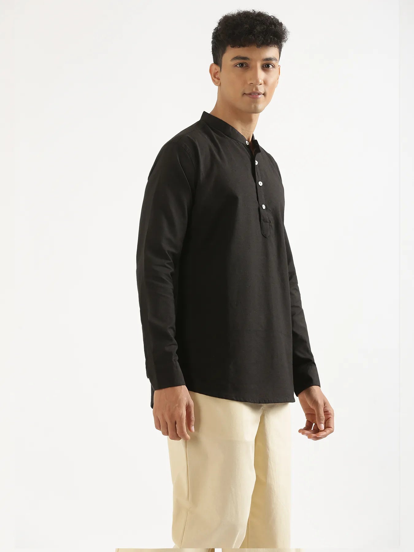 Men Black Airy Linen Short Kurta