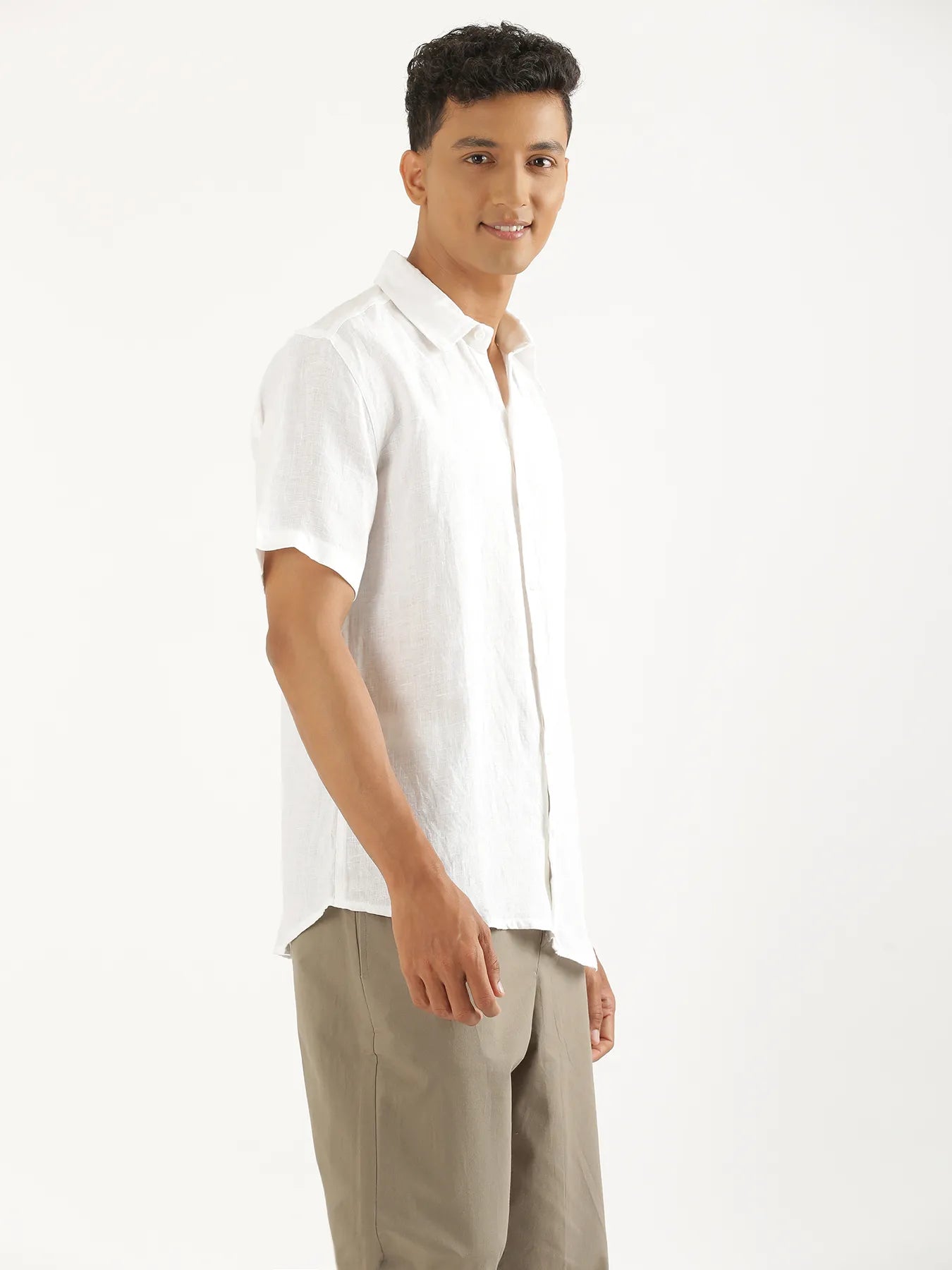 Men White Pure Linen Short Sleeve Shirt