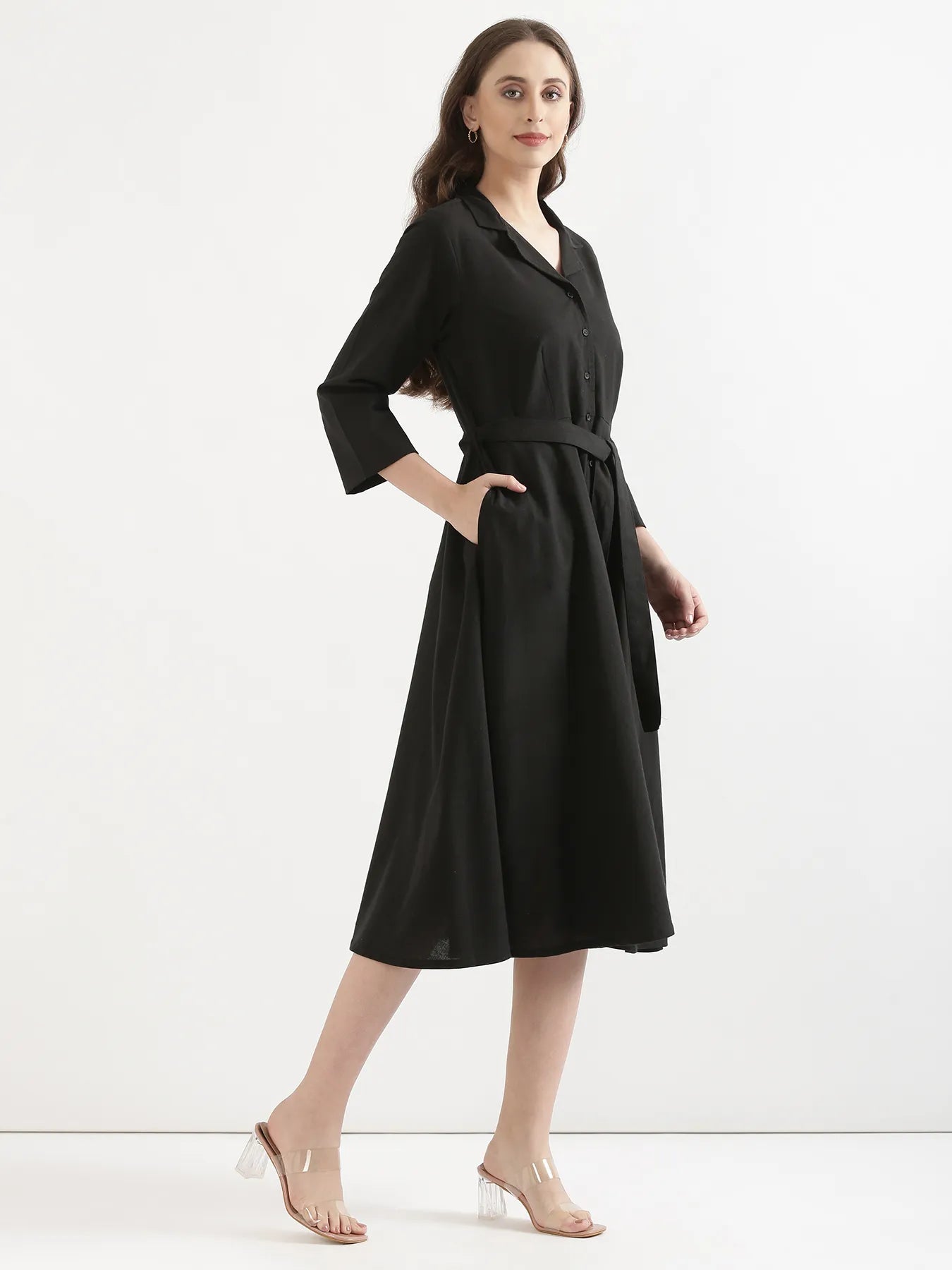 Women Black Airy Linen Flared Dress