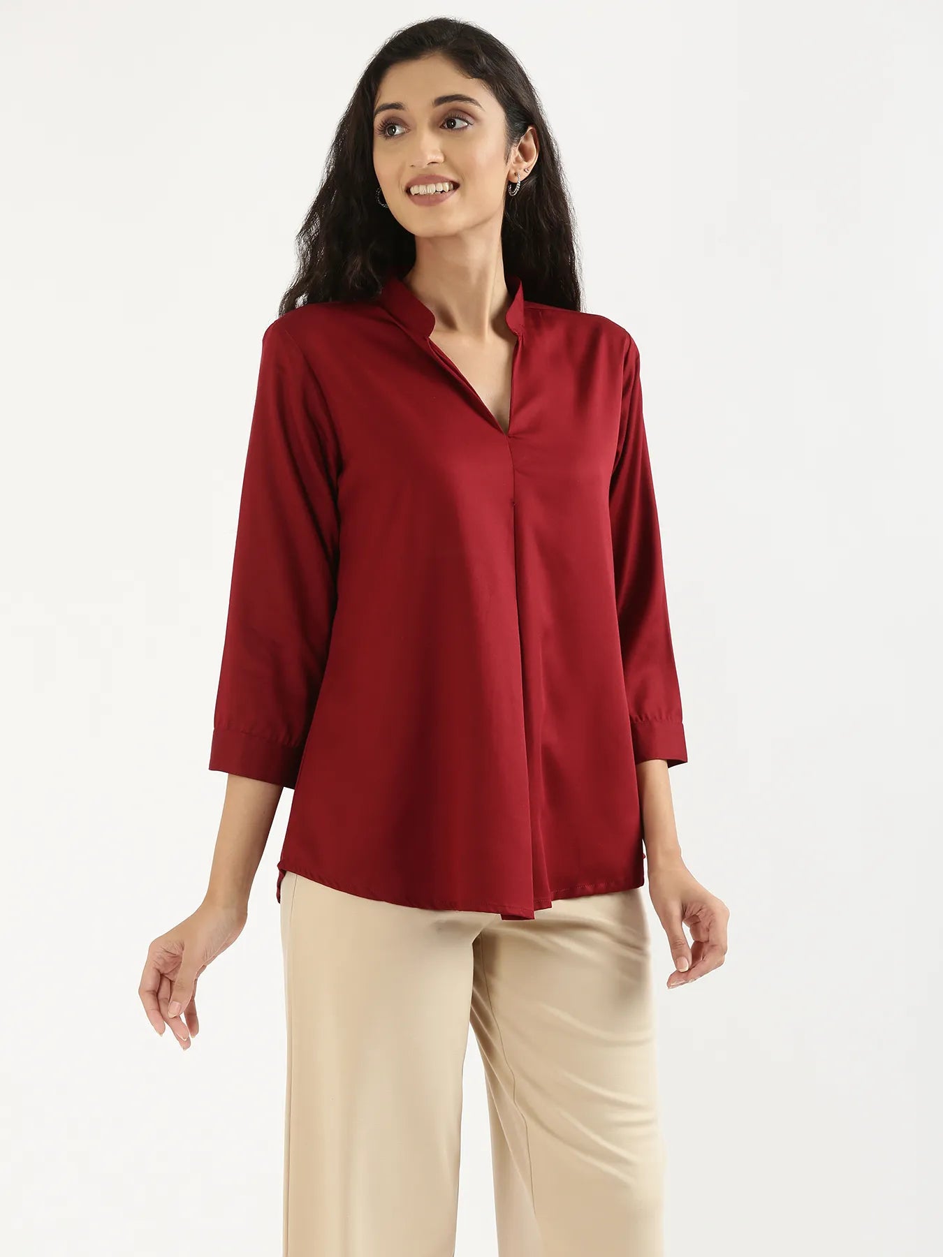 Women Maroon Viscose Pleated Top