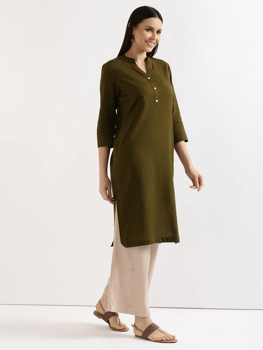 Women Olive Green Airy Linen Long Kurta & Beige Viscose Palazzo Pant Set