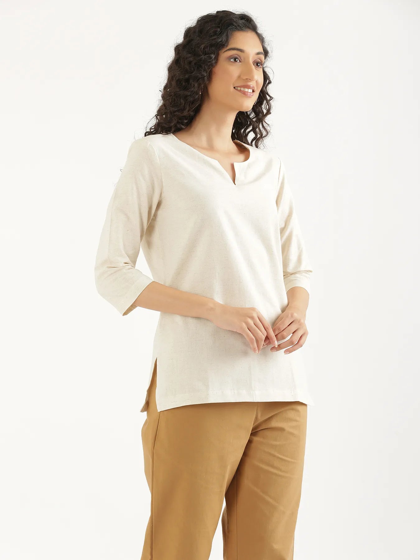 Women Ecru Airy Linen Split Neck Short Kurta