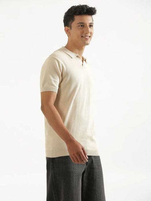 Men Beige Flat Knit Polo