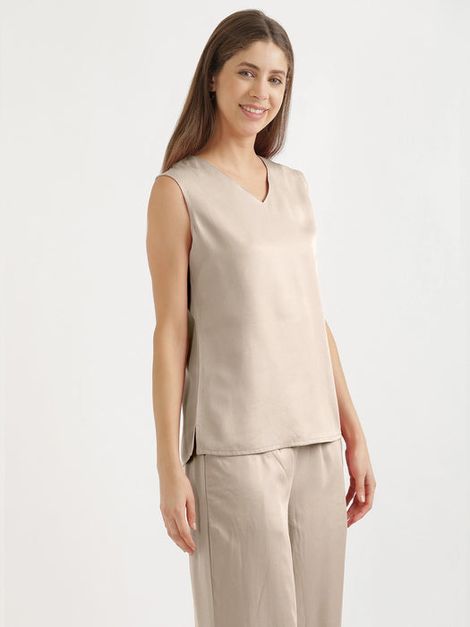 Women Taupe V-Neck Sleeveless Top
