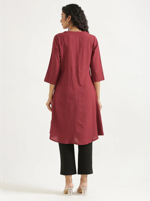 Women Maroon Flowy Linen A-Line Long Kurta