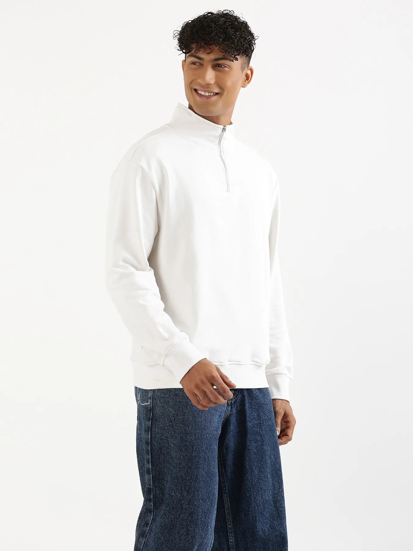 Unisex White Zip Neck Sweatshirt