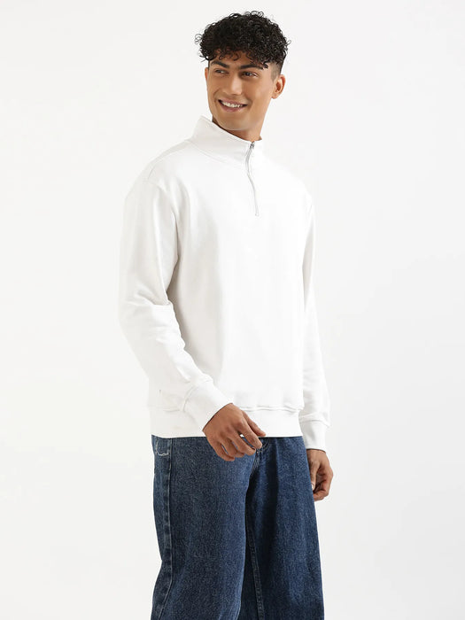 Unisex White Zip Neck Sweatshirt