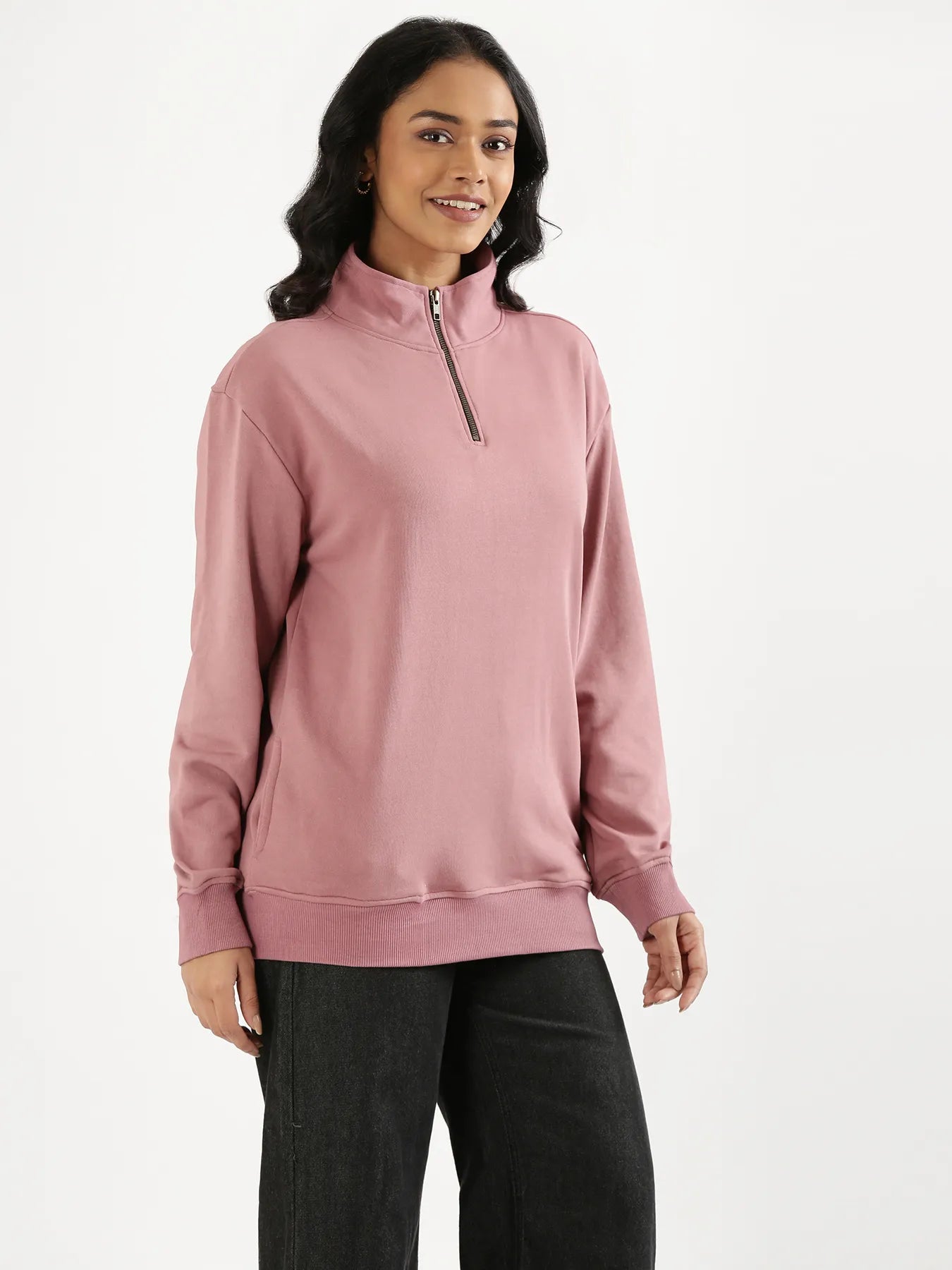 Unisex Rose Taupe Zip Neck Sweatshirt