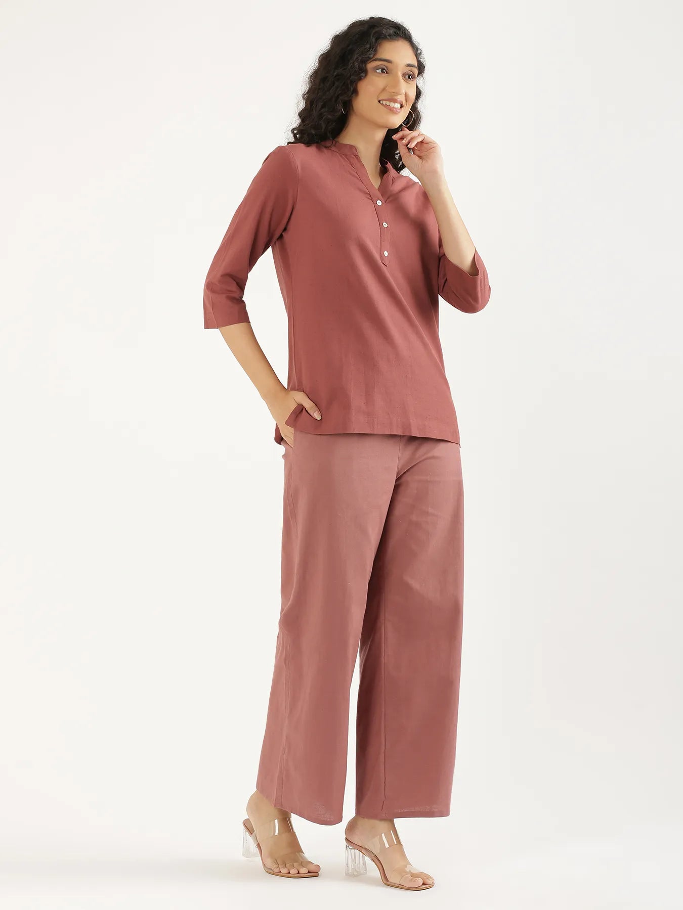 Women  Rose Taupe Airy Linen Wide Leg Pant