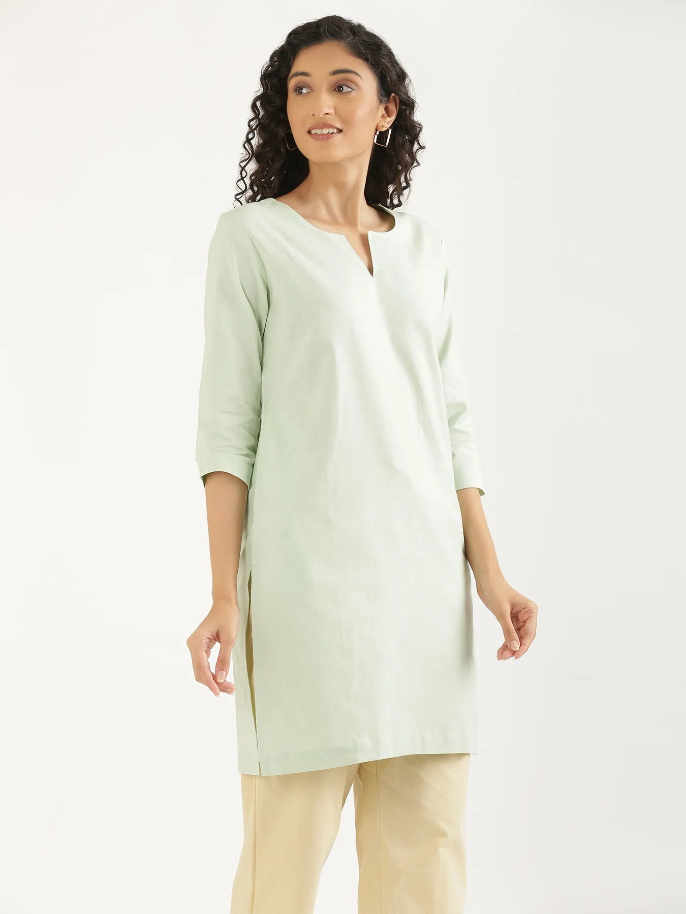 Women Mint Green Airy Linen Mid Thigh Length Kurta