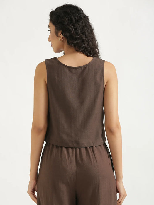 Women Dark Brown Flowy Linen Crop Top