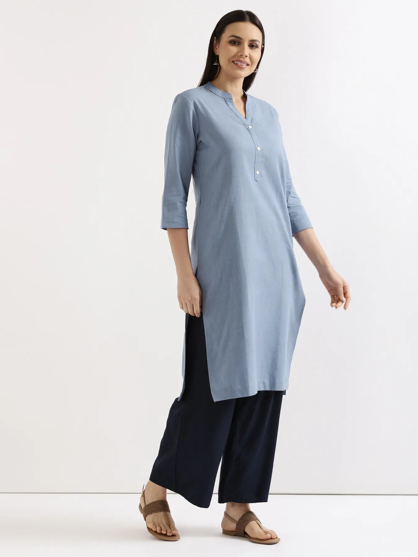 Women English Blue Airy Linen Long Kurta