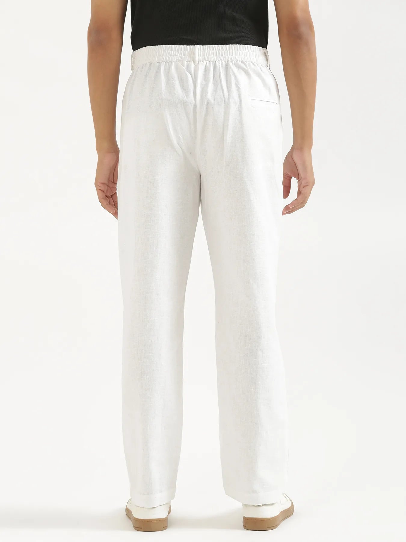 Men White Linen Blend Straight Pant