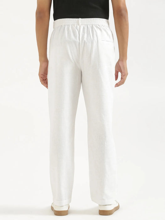 Men White Linen Blend Straight Pant