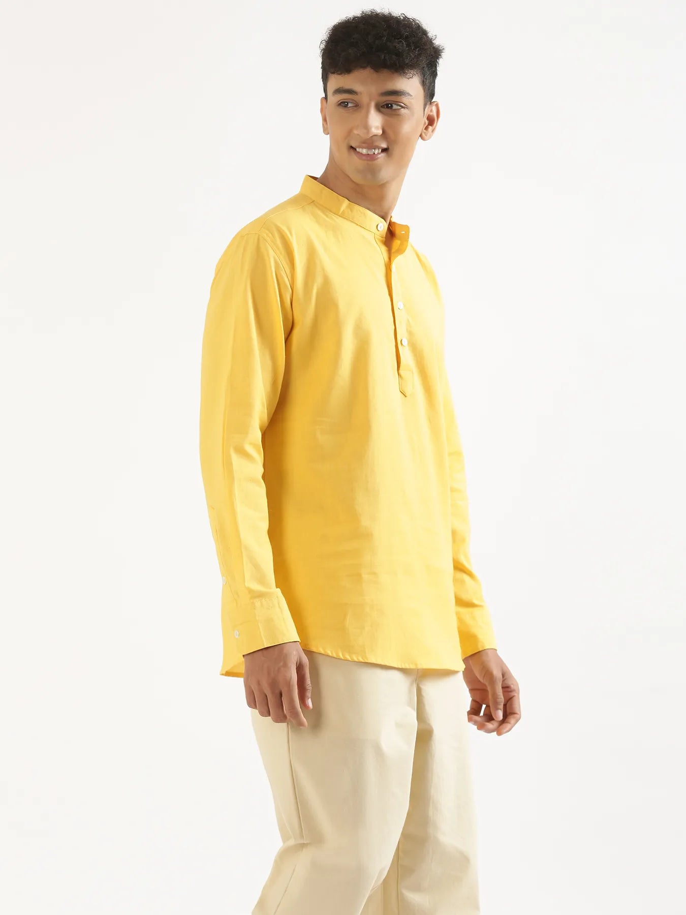 Men Yellow Airy Linen Short Kurta