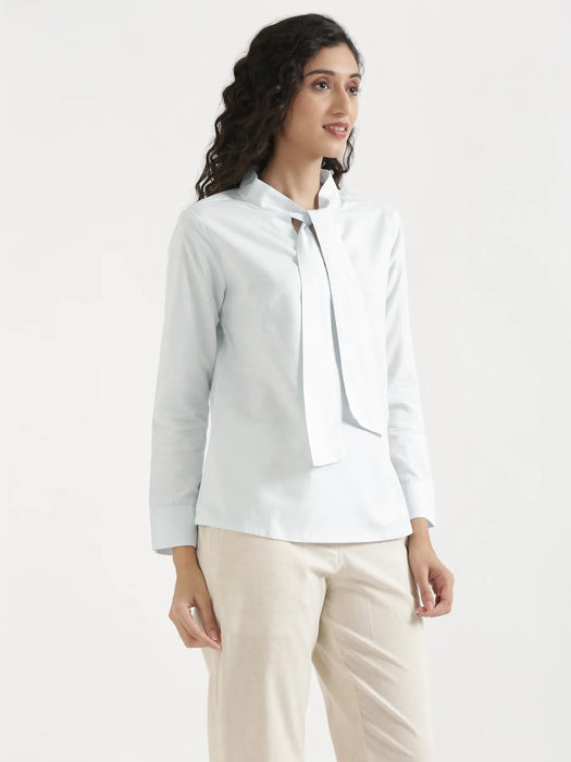 Women Powder Blue Linen Blend Knot Blouse