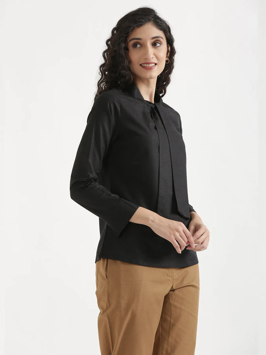 Women Black Linen Blend Knot Blouse