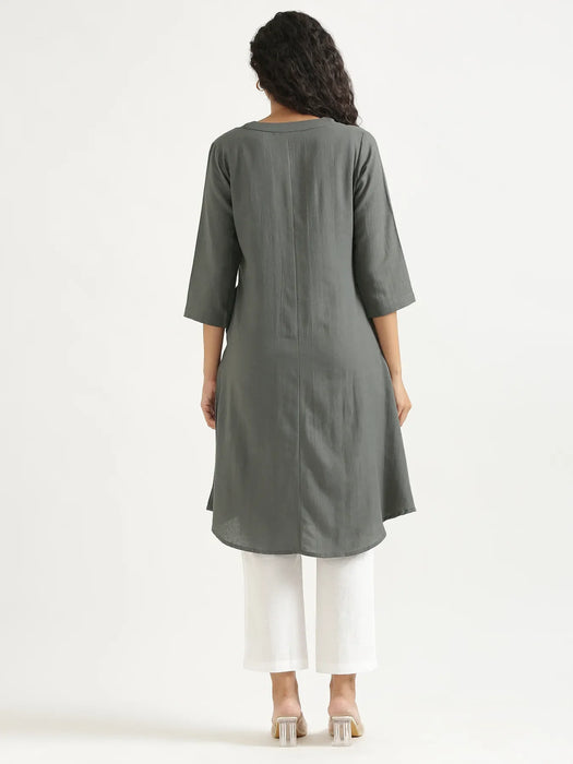 Women German Grey Flowy Linen A-Line Long Kurta