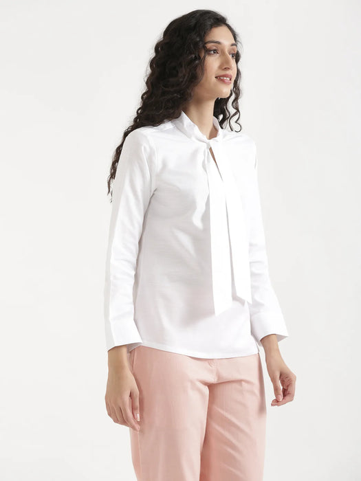 Women White Linen Blend Knot Blouse