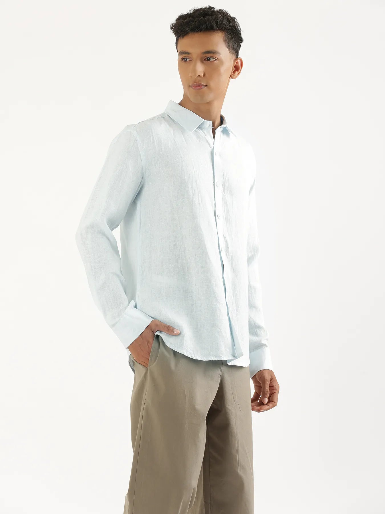 Men Light Blue Pure Linen Full Sleeve Shirt