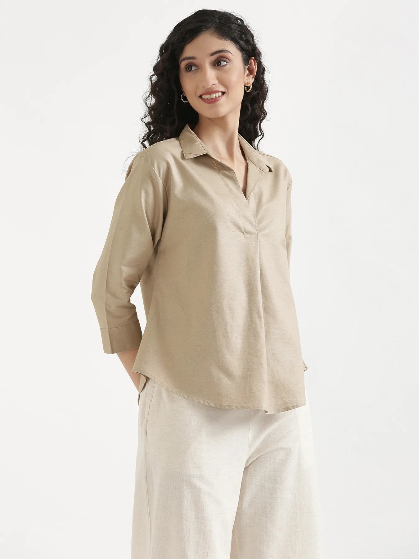 Women Taupe Linen Blend Pleated Top