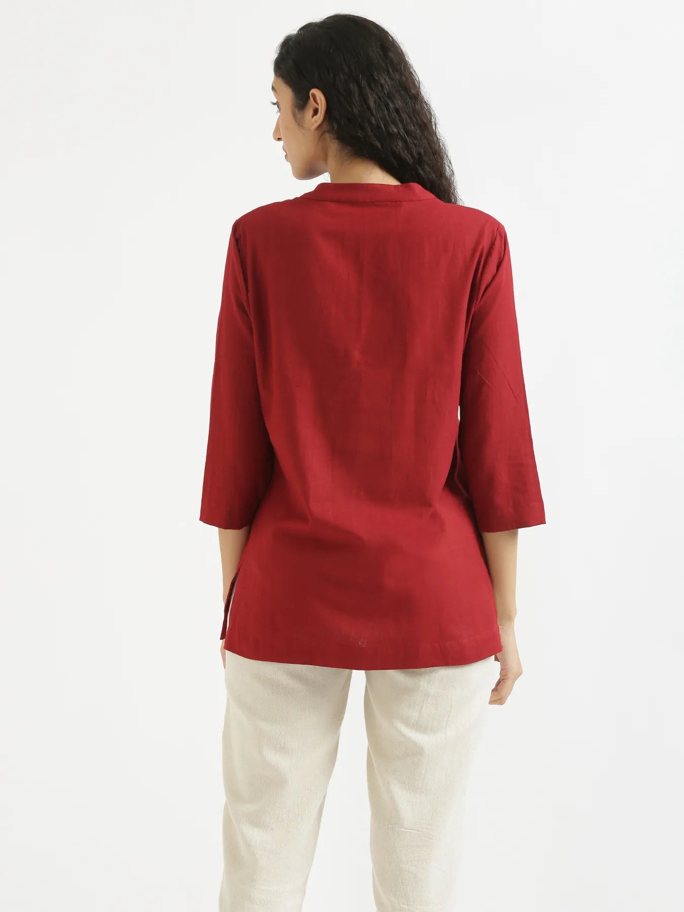 Women Maroon Airy Linen Short Kurta