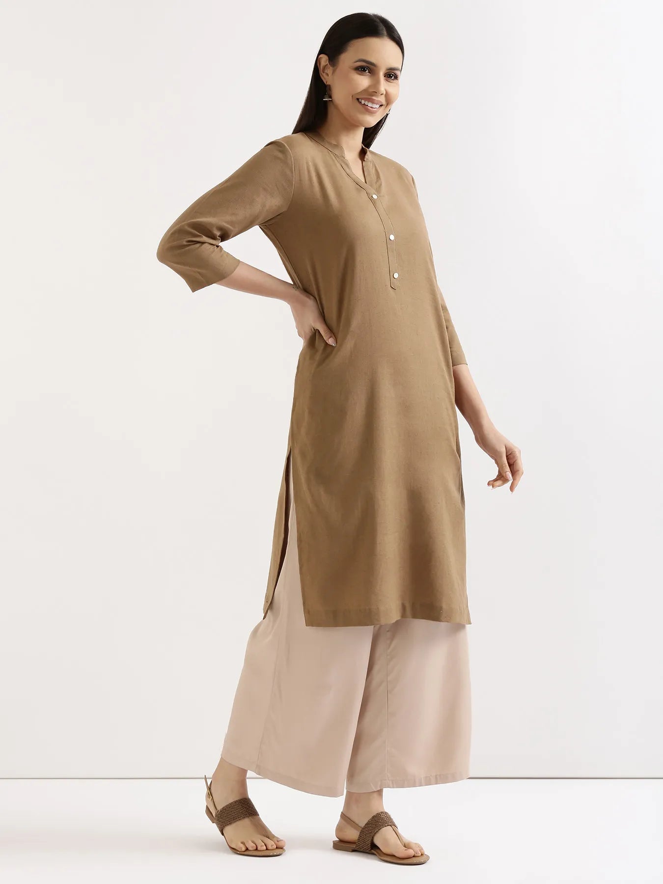 Women Coffee Brown Airy Linen Long Kurta