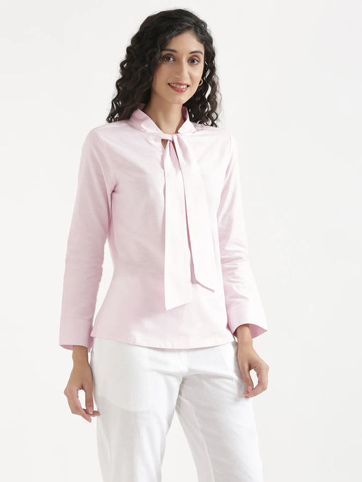 Women Blush Pink Linen Blend Knot Blouse & White Airy Linen Straight Pants Pant Set