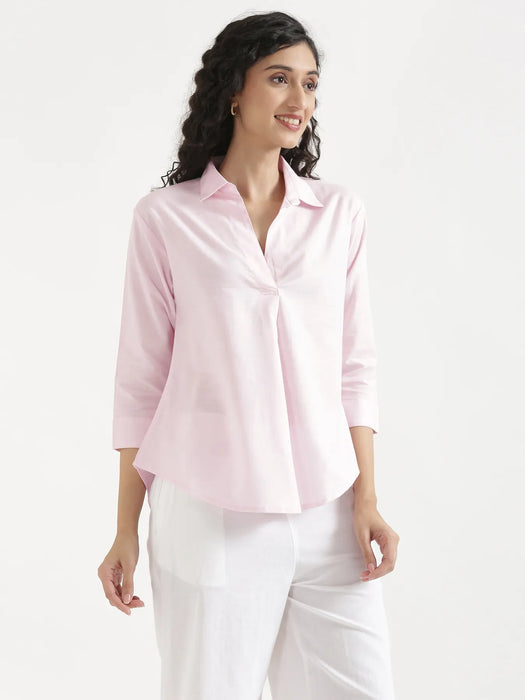 Women Blush Pink Linen Blend Pleated Top & White Airy Linen Wide Leg Pants Pant Set