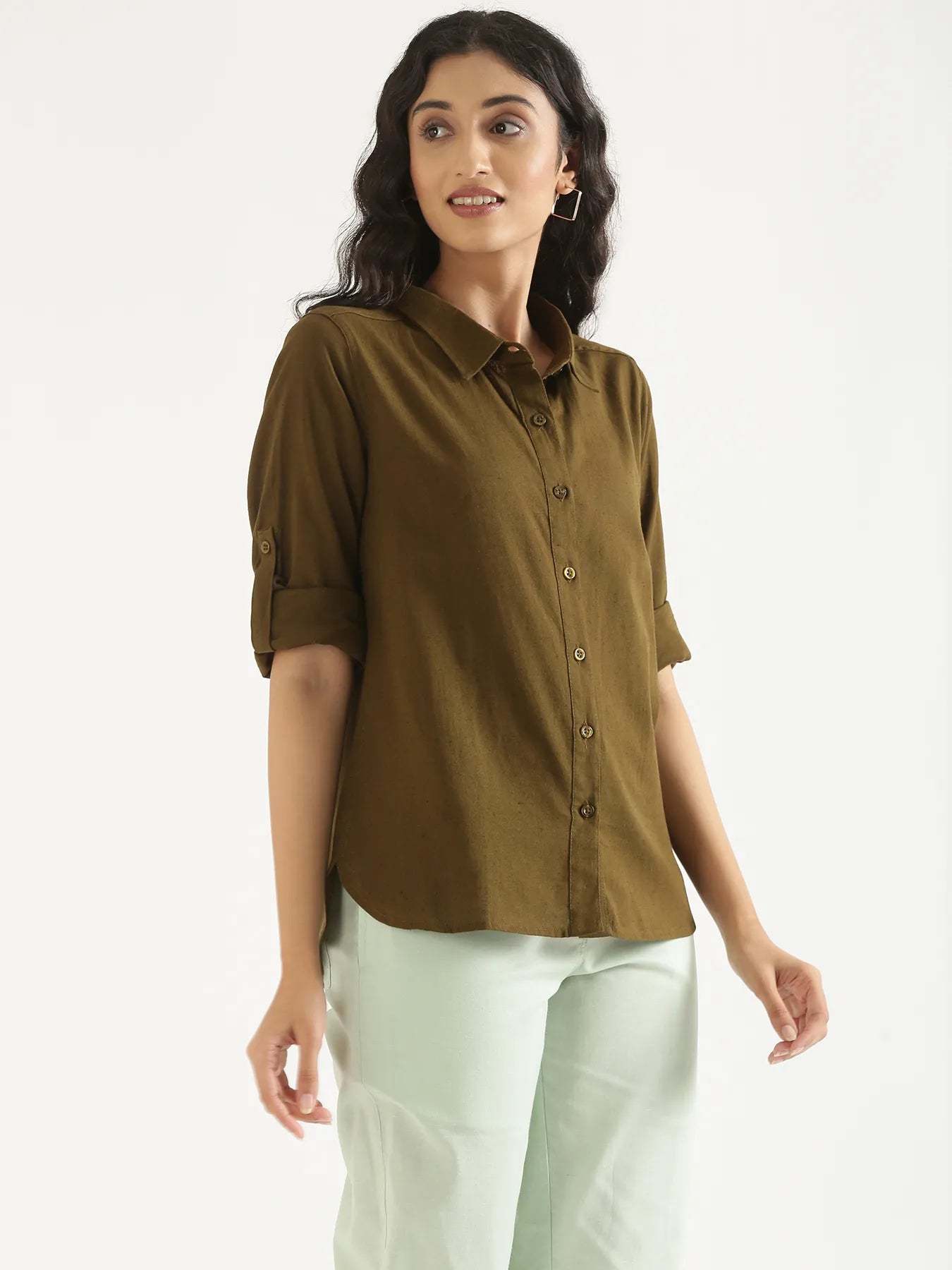 Women Olive Green Airy-Linen Shirt