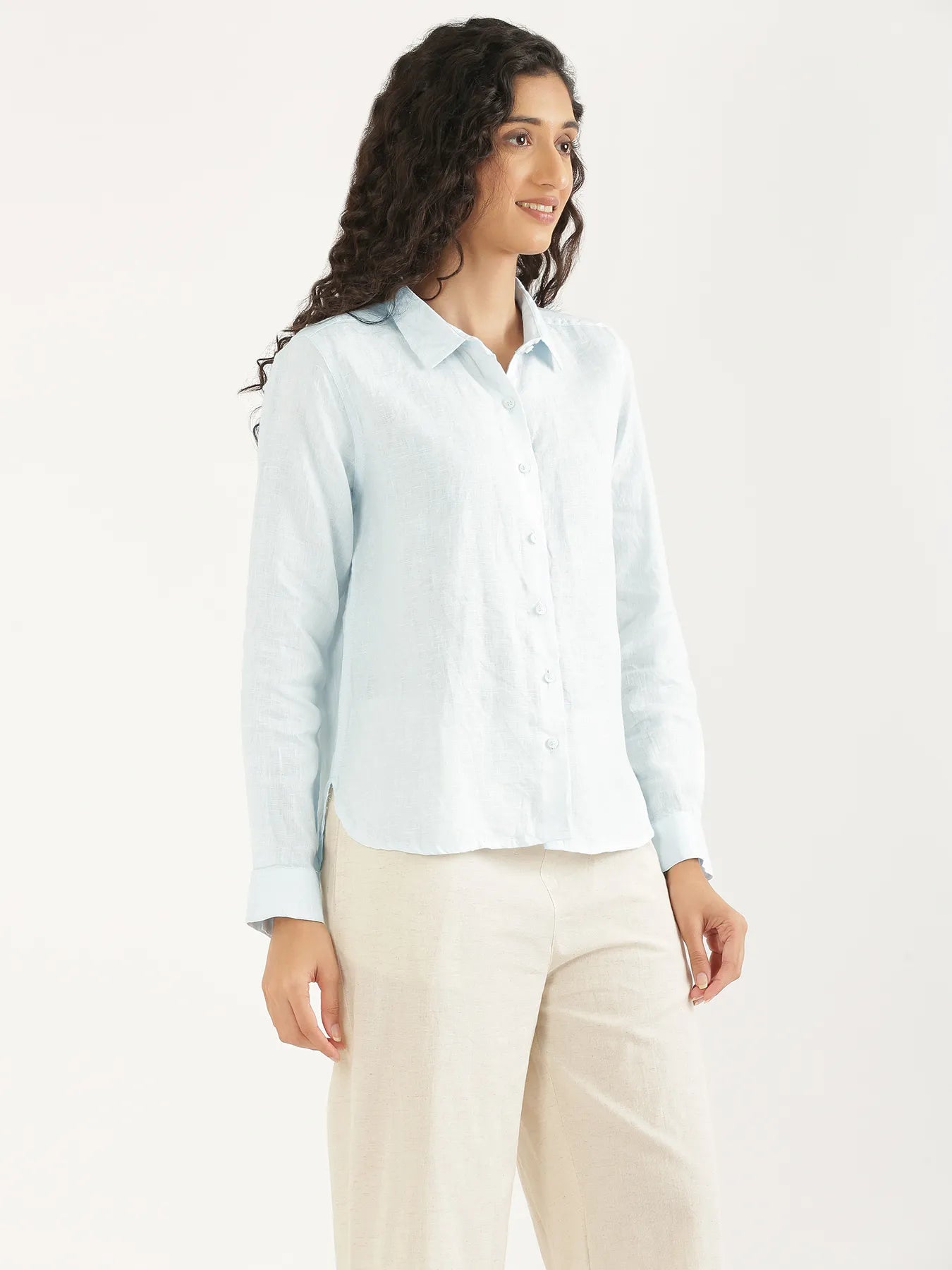 Women Light Blue Pure Linen Shirt
