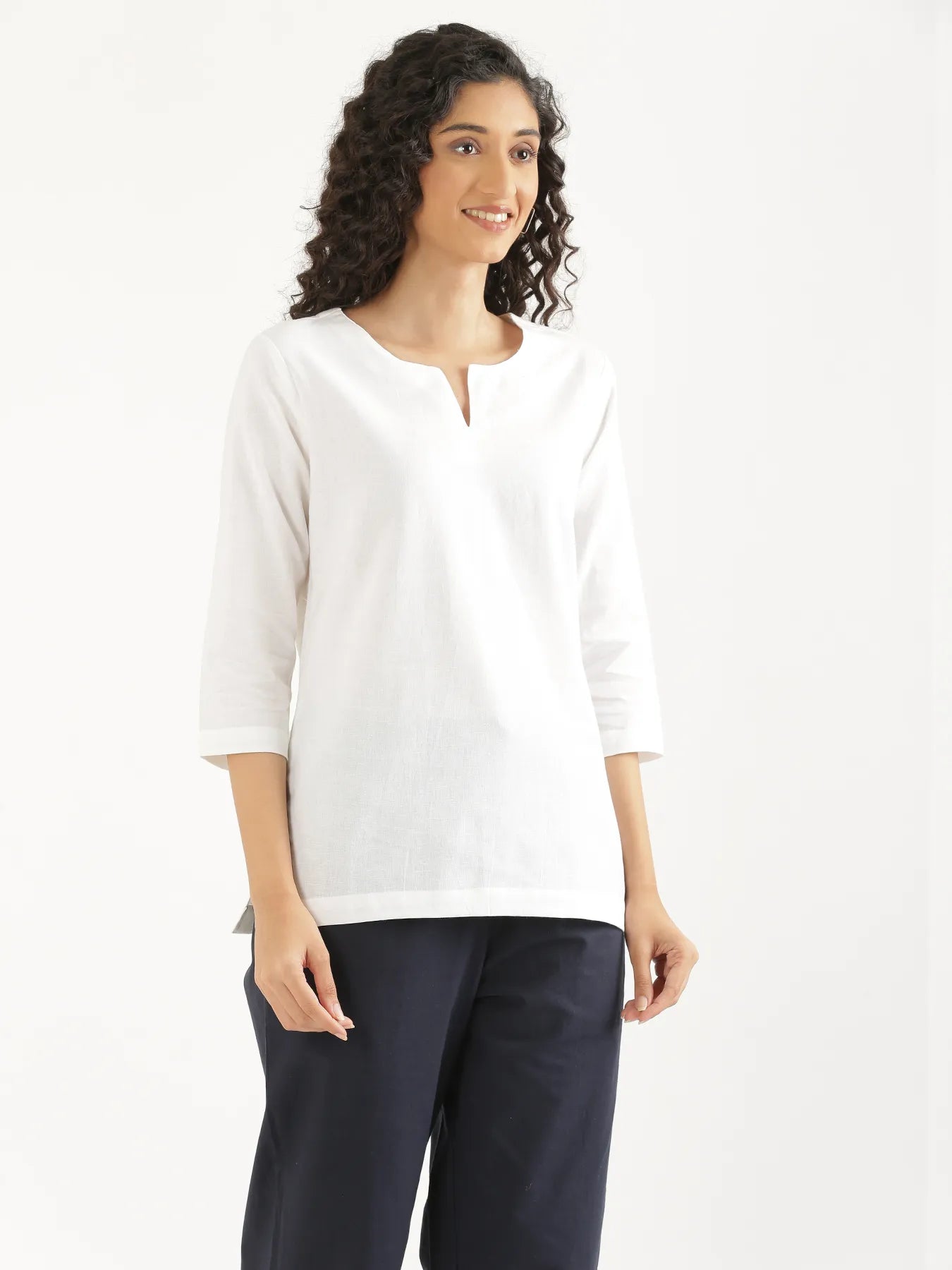 Women White Airy Linen Split Neck Short Kurta