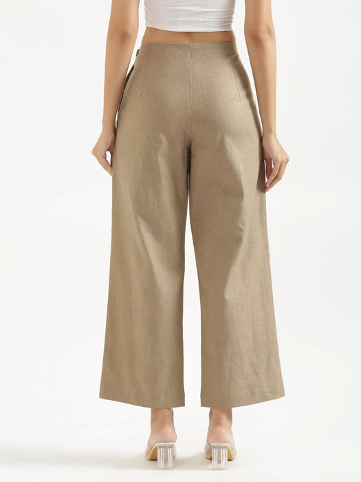 Women Khakhi Linen Blend Wide Leg Pant