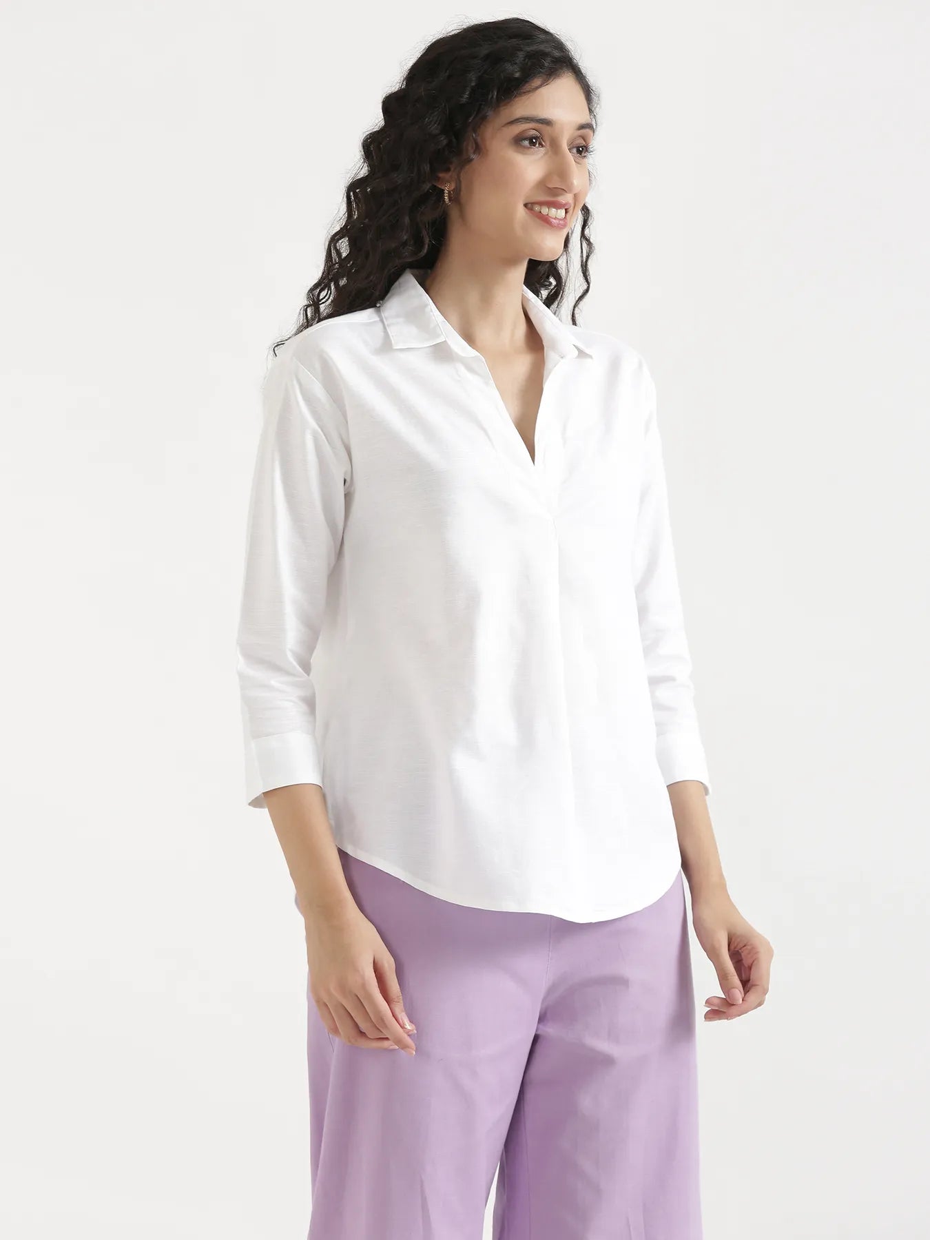 Women White Linen Blend Pleated Top