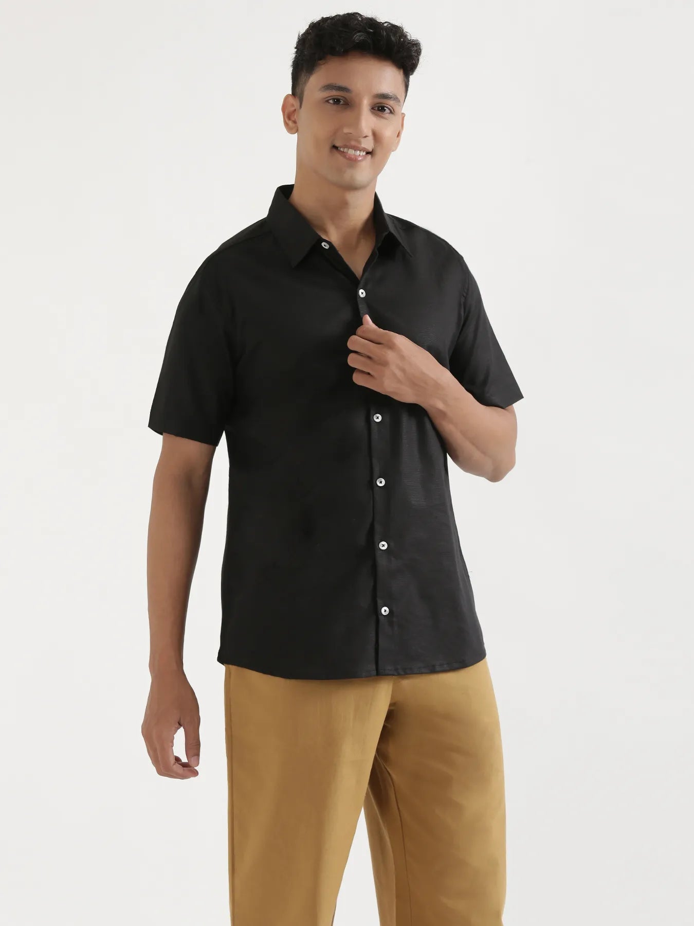 Men Black Linen Blend Short Sleeve Shirt