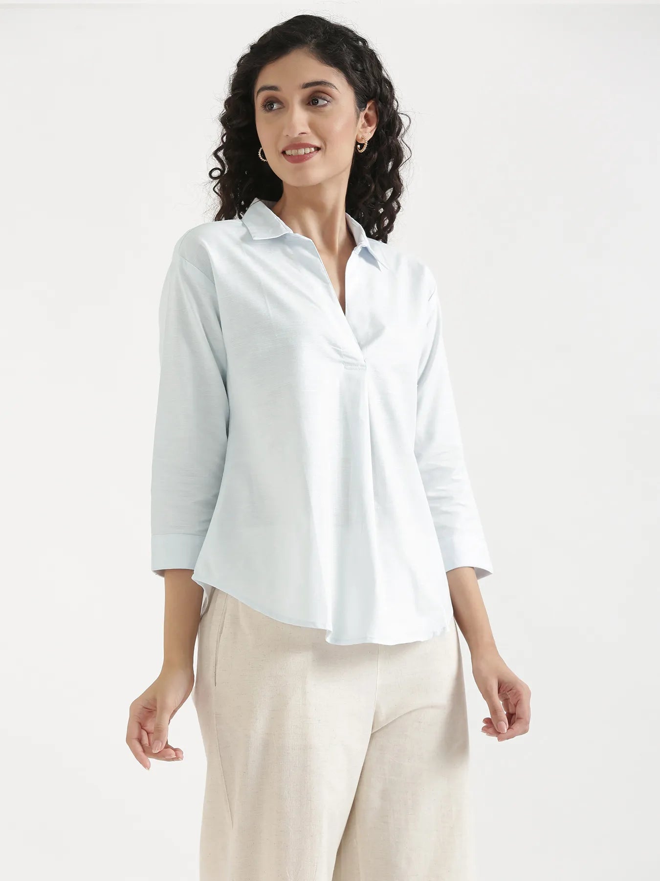 Women Powder Blue Linen Blend Pleated Top & Ecru Airy Linen Wide Leg Pants Pant Set