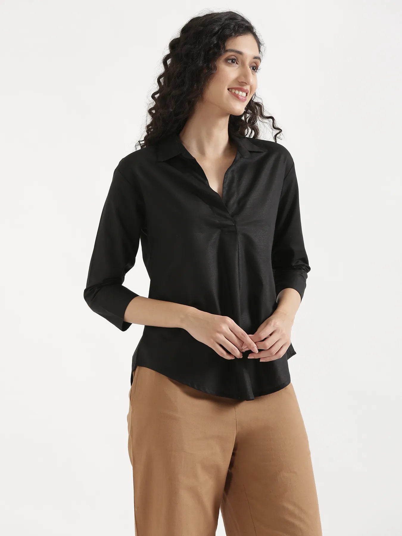 Women Black Linen Blend Pleated Top