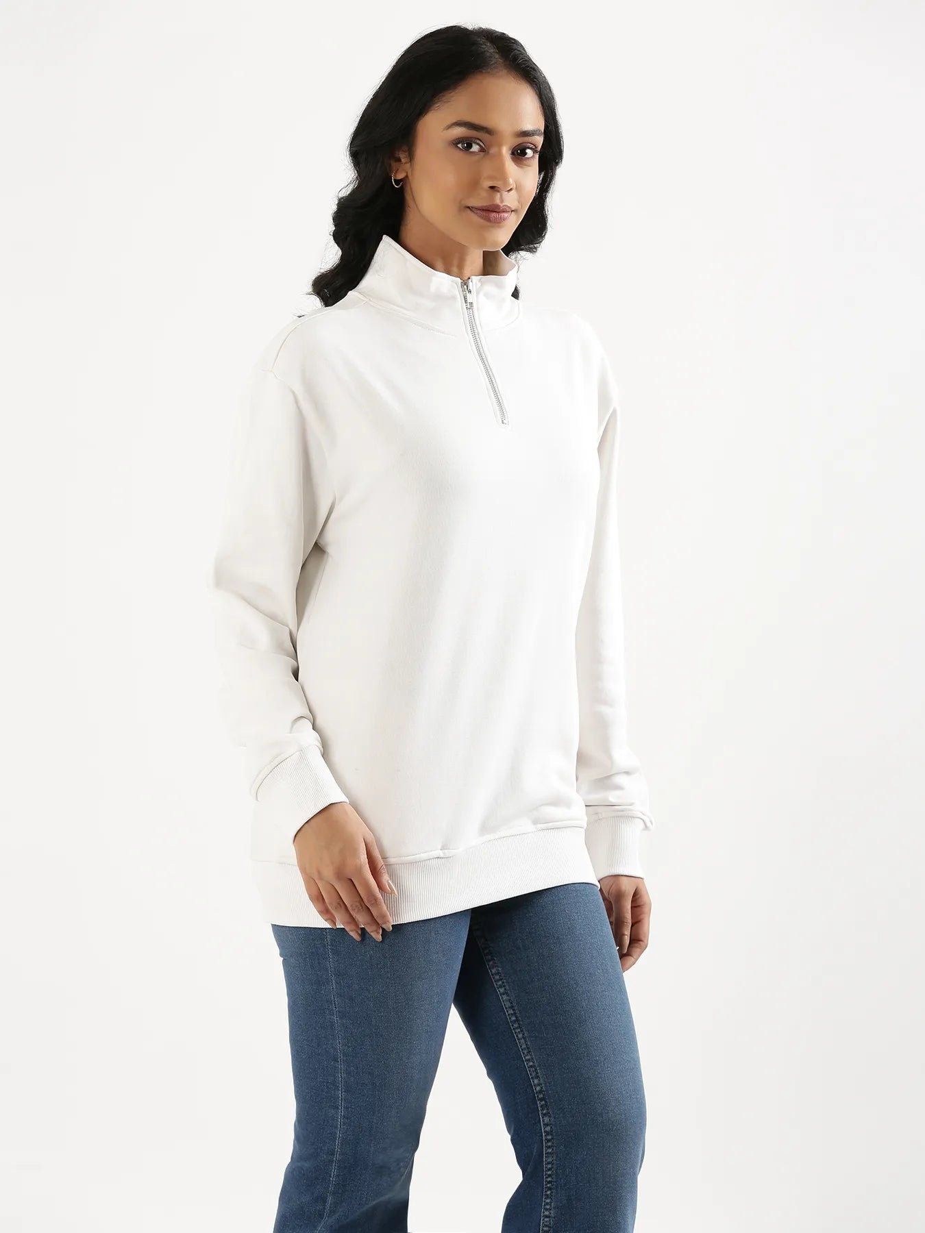 Unisex White Zip Neck Sweatshirt