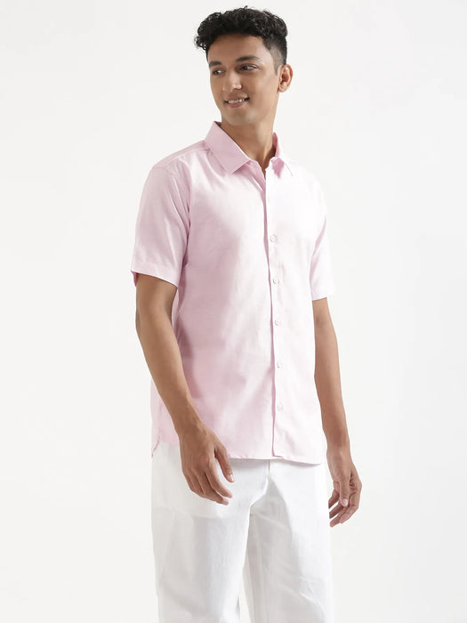Men Blush Pink Linen Blend Short Sleeve Shirt