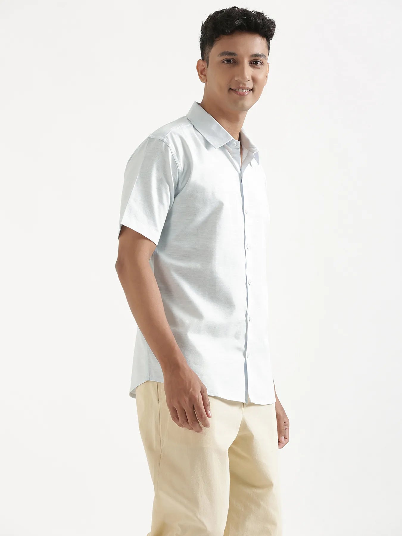 Men Powder Blue Linen Blend Short Sleeve Shirt & Beige Cotton Pant Set
