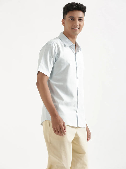 Men Powder Blue Linen Blend Short Sleeve Shirt & Beige Cotton Pant Set