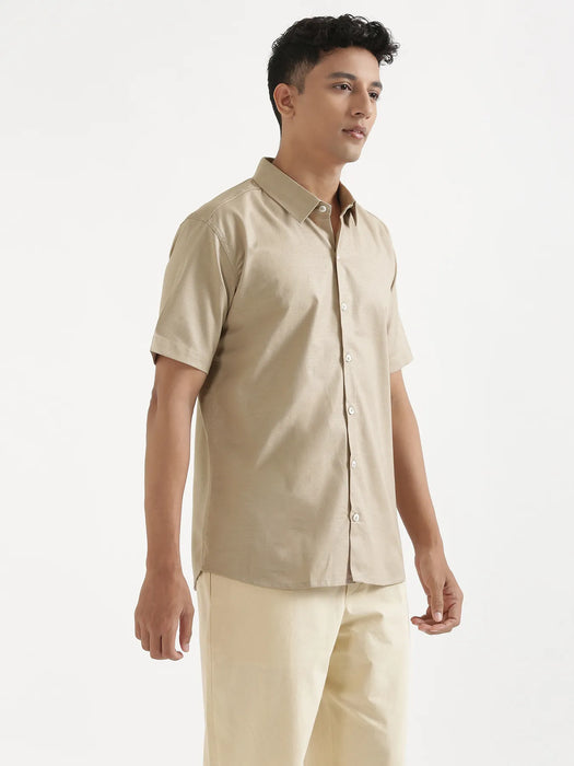 Men Taupe Linen Blend Short Sleeve Shirt