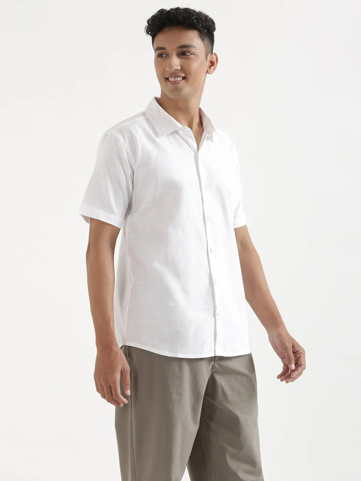Men White Linen Blend Short Sleeve Shirt