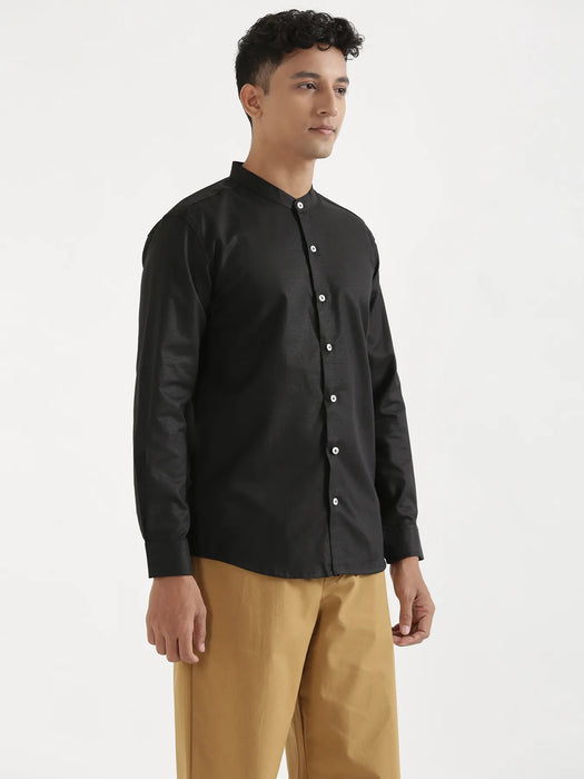 Men Black Linen Blend Mandarin Collar Shirt
