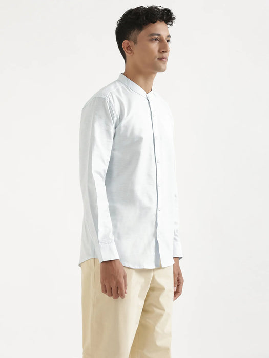 Men Powder Blue Linen Blend Mandarin Collar Shirt