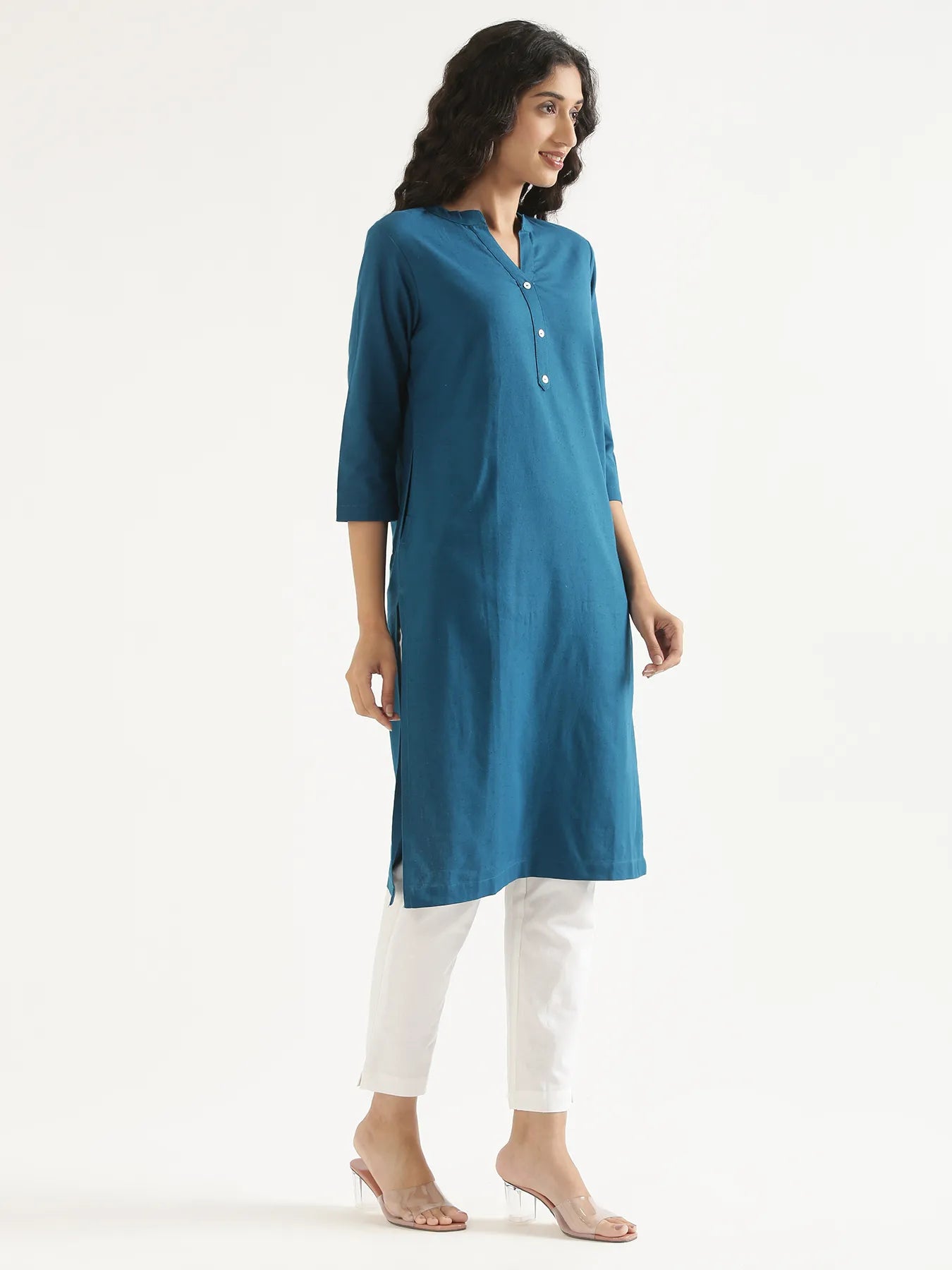 Women Turquoise Airy Linen Long Kurta